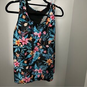 Floral Sleeveless Women's TankiniRacerback Swim Top - Black & Multicolor 18W